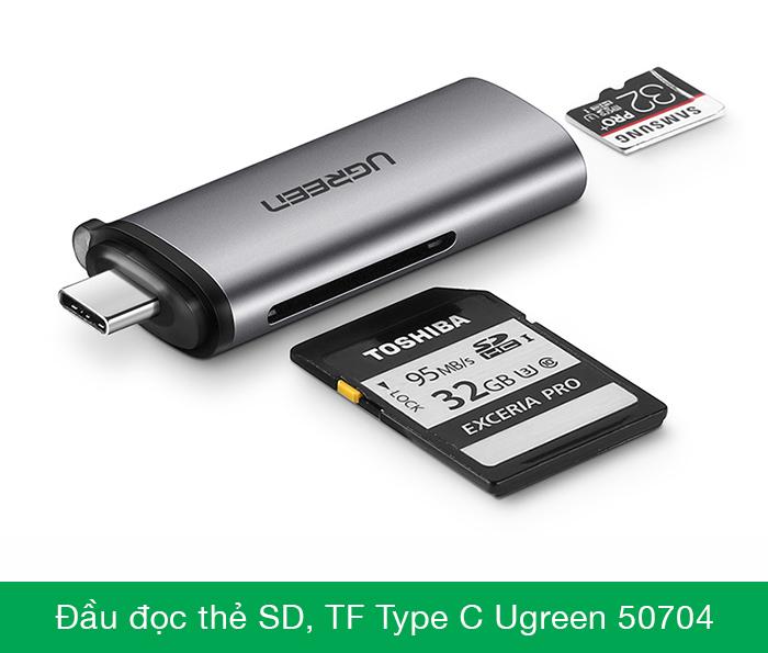 Đầu đọc thẻ SD, TF USB Type C vỏ nhôm Ugreen 50704
