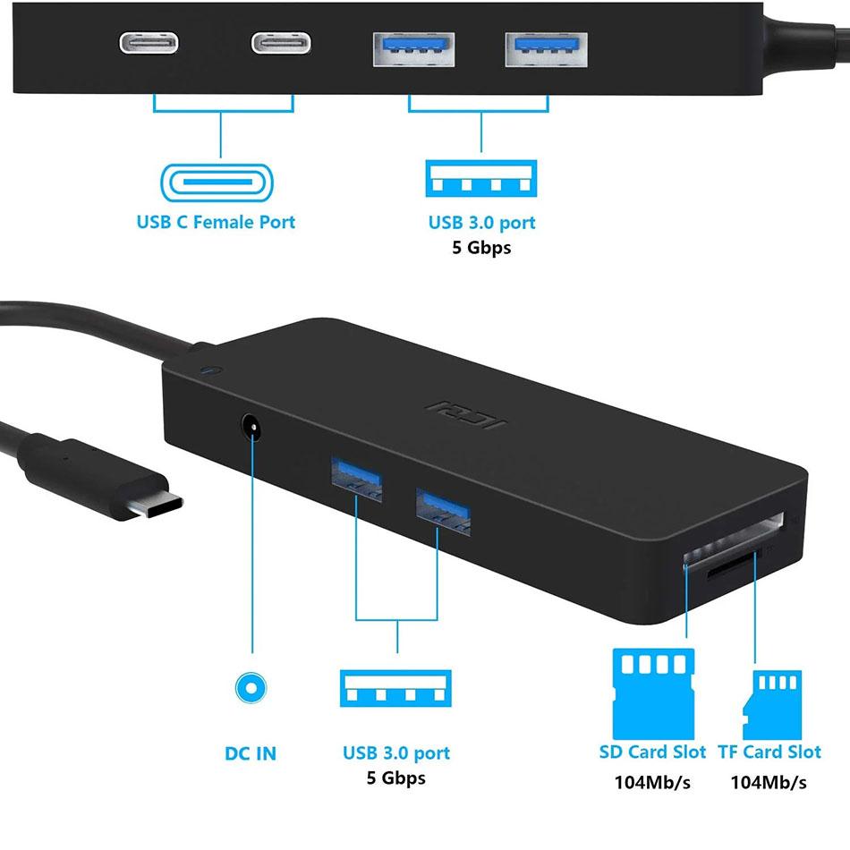 Bộ chia USB Type C 8 Port 4 USB 3.0, 2 Type-C đọc thẻ SD TF-2