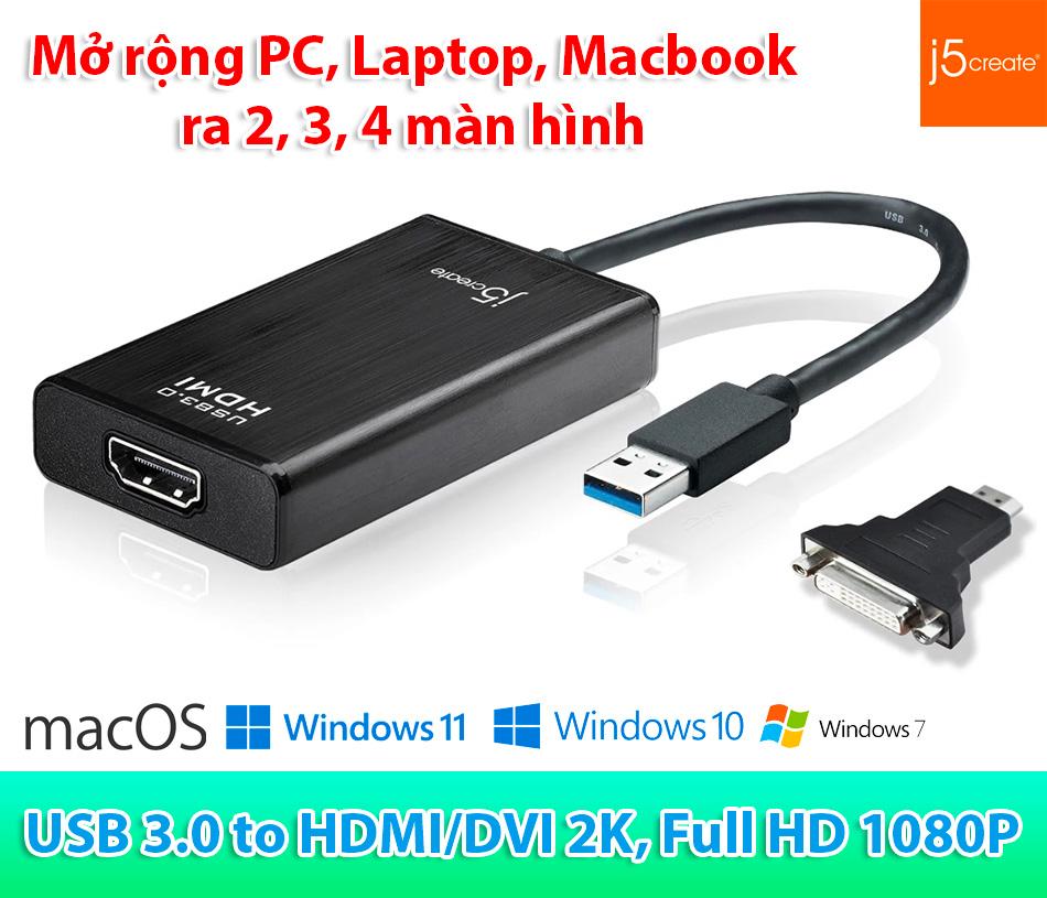 Cáp USB 3.0 sang HDMI, DVI hỗ trợ 2K, HD1080P, kết nối PC, Laptop, Macbook ra 2, 3, 4 màn hình độc lập