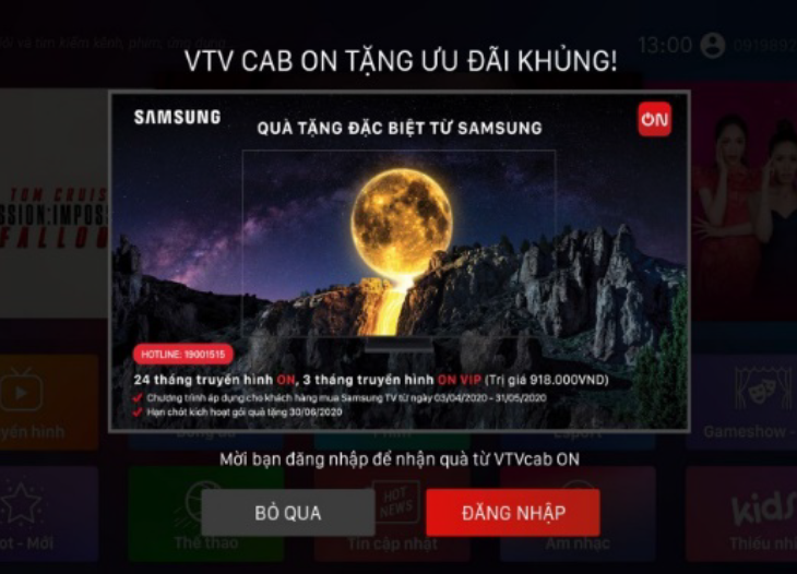 Cách kích hoạt gói khuyến mãi VTVcab ON trên tivi Samsung